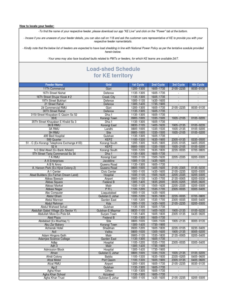 Load Shed Schedule PDF Karachi