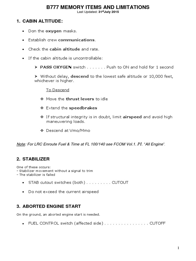 B777 Memory Items and Limitations | PDF | Aviation | Aircraft