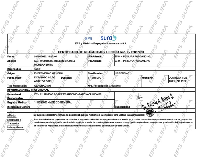 Certificado de Incapacidad EPS SURA | PDF | Cuidado de la salud | Medicina