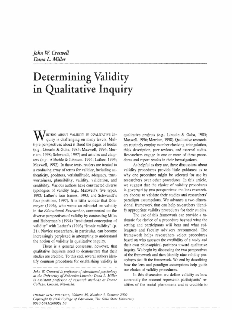 ACE Edtt Article by Creswell On Validity in Quantitative Research PDF