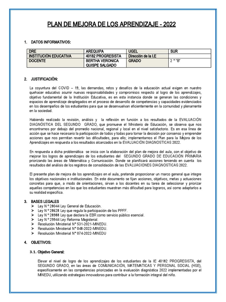 Plan de Mejora para Segundo Grado 2022 | PDF | Evaluación | Comprensión ...