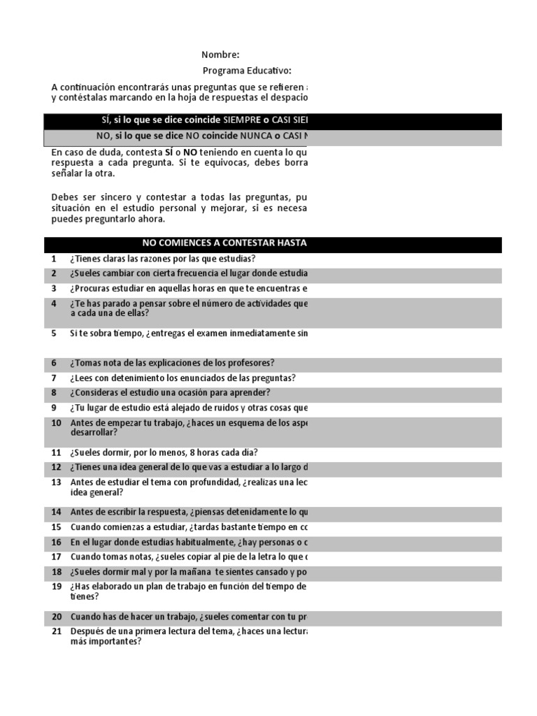 Cuestionario C H T E Habitos de Estudio | PDF | Crecimiento personal y ...