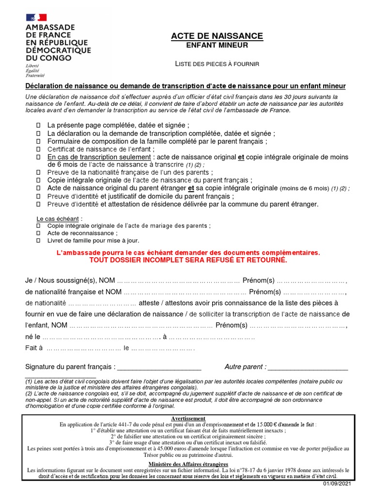 Demande de transcription acte de naissance | PDF | Certificat de ...