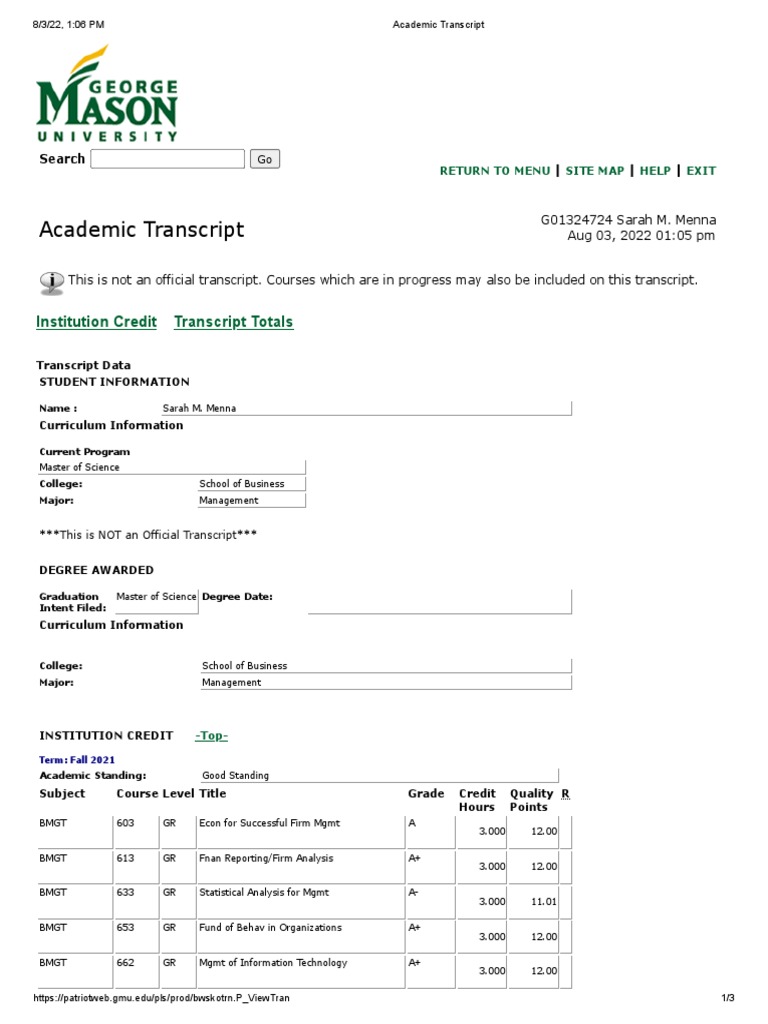 Gmu Unofficial Transcript PDF