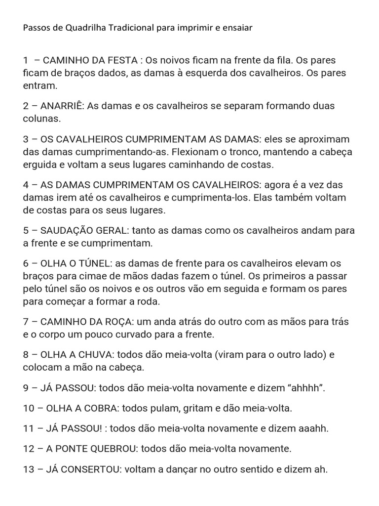 Passos de Quadrilha Tradicional para Imprimir e Ensaiar PDF