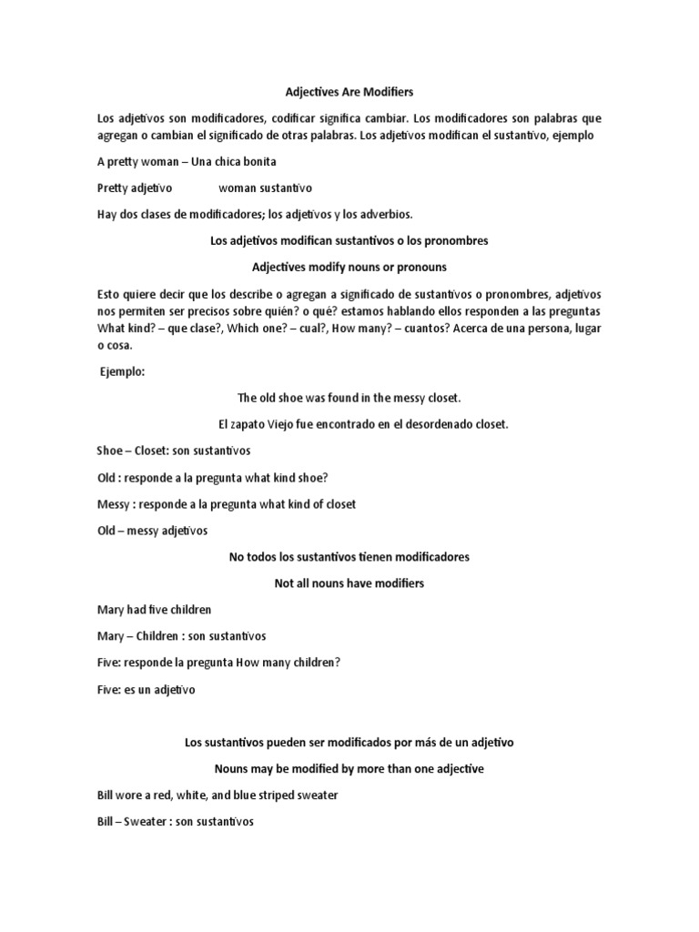 Modificadores de Adjetivos Explicados | PDF | Sustantivo | Adjetivo