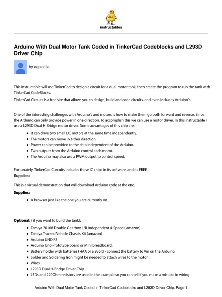 Arduino With Dual Motor Tank Coded in TinkerCad Co | PDF | Arduino ...