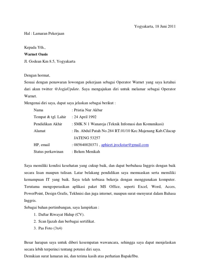 Contoh Lamaran Kerja Dan Cv Pdf - Simak Gambar Berikut