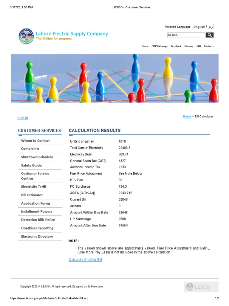 LESCO Customer Services 1010 Units May2022 Bill Recieved in June
