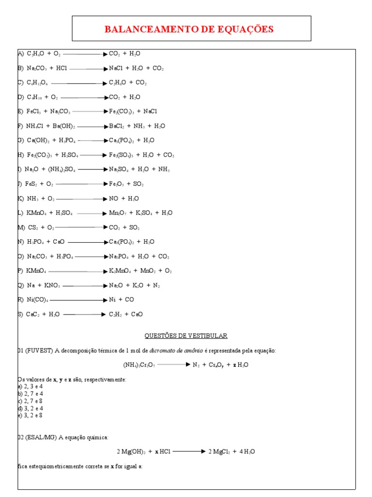 Exercícios de Balanceamento Químico | PDF | Métodos e Materiais de ...
