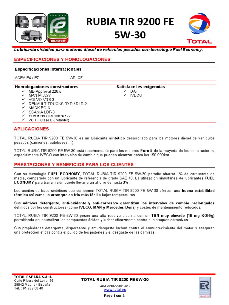 FichTec Total Rubia TIR 9200 FE 5W30 | PDF | Lubricante
