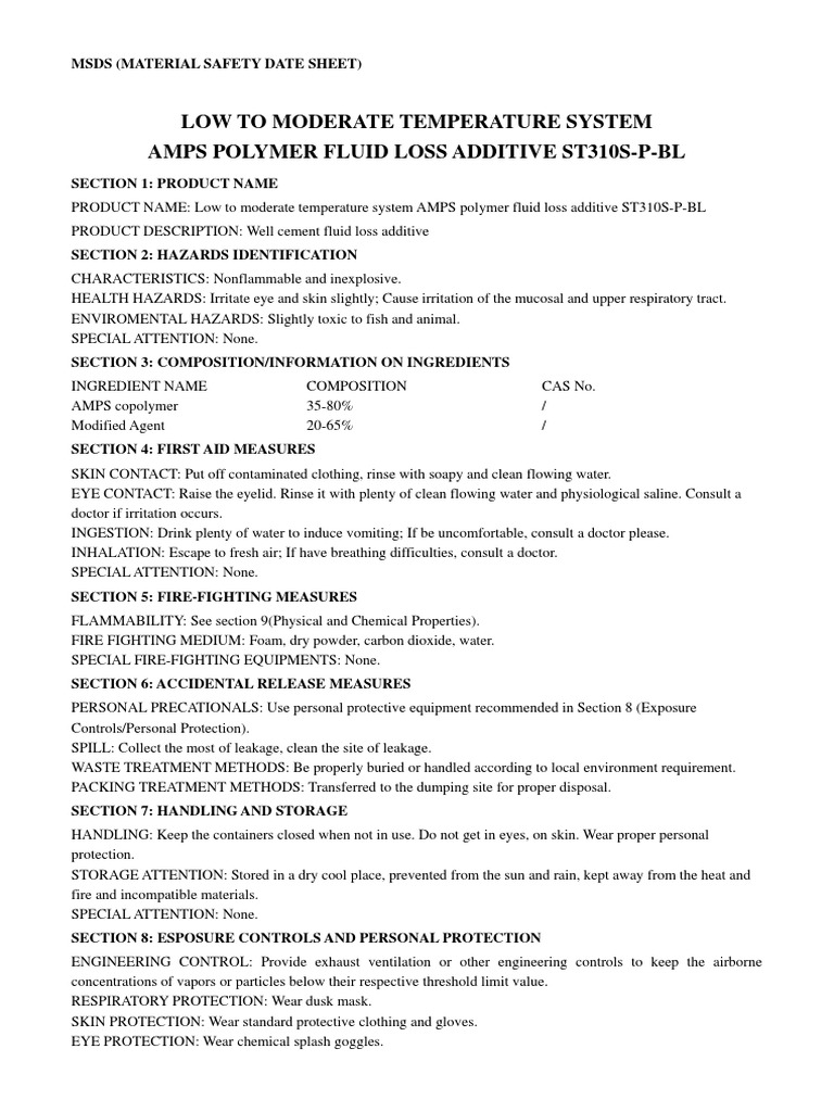 MSDS for AMPS Polymer Fluid Additive | PDF | Dangerous Goods | Water
