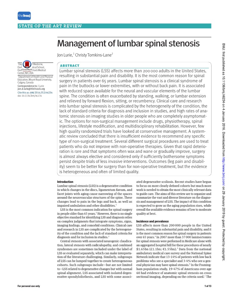 Management of Lumbar Spinal Stenosis 2016 | PDF | Physical Therapy ...