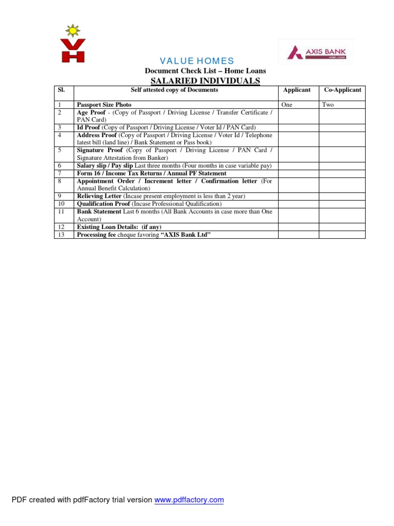 Axis Bank Check List Identity Document Cheque