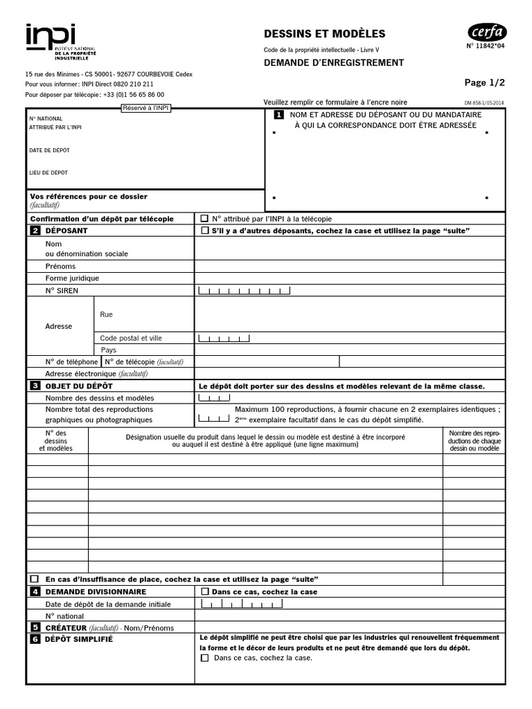 Enregistrement de Dessins et Modèles INPI | PDF | Chèque | Fax