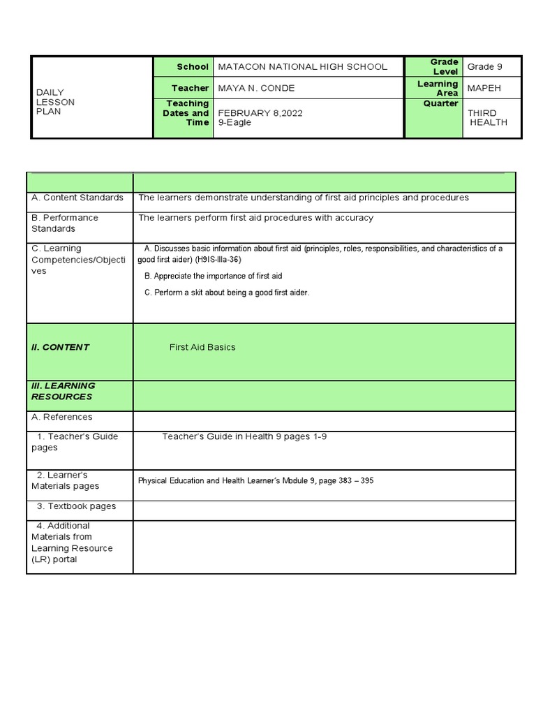Grade 9 First Aid Lesson Plan | PDF | First Aid | Learning