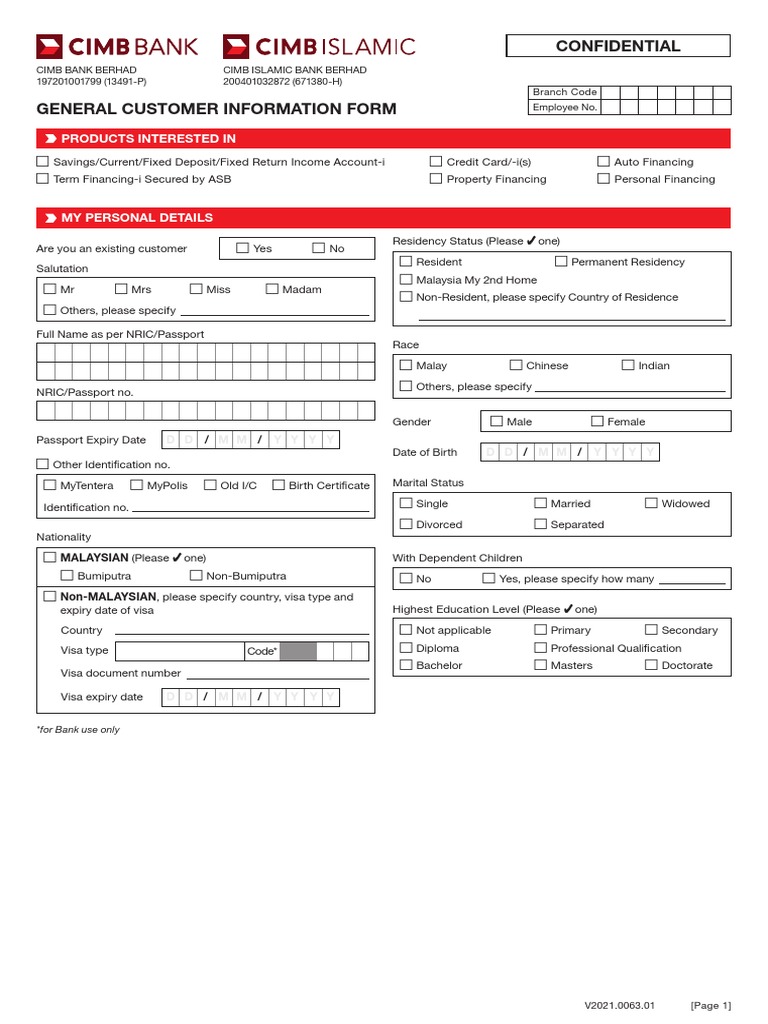 CIMB General Customer Info Form | PDF | Banks | Islamic Banking And Finance