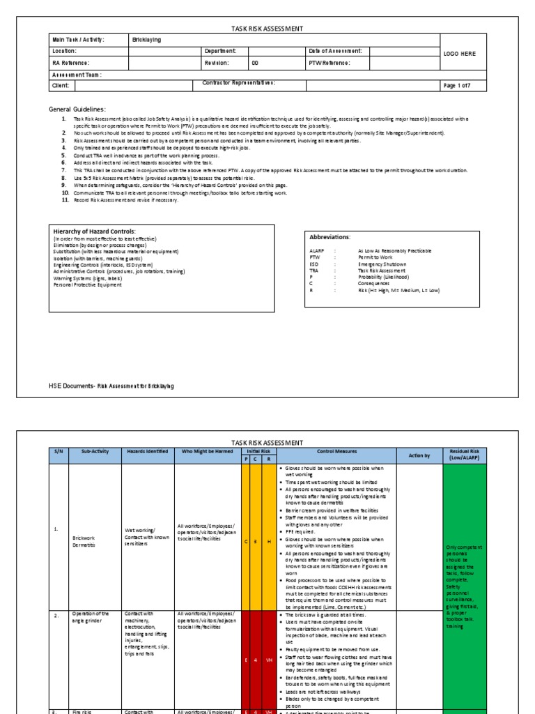 Bricklaying Risk Assessment Guide | PDF | Personal Protective Equipment ...