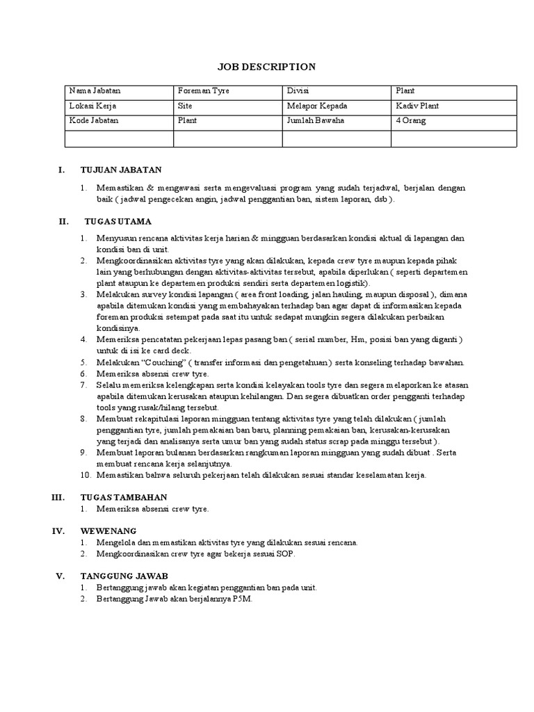 Job Description Foreman PDF