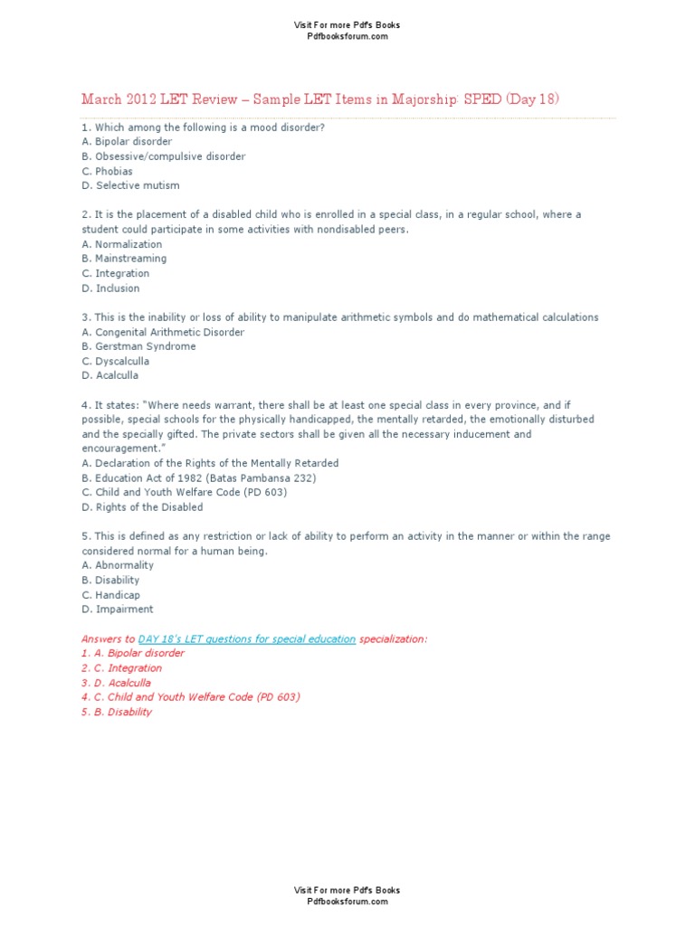 March 2012 LET Review: Sample Items | PDF | Mental Disorder | Special ...