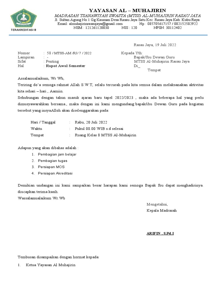 Undangan Rapat Awal Semester 2022 | PDF