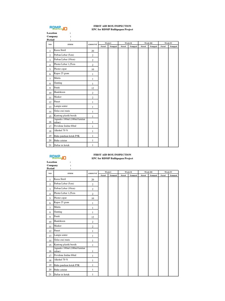 Check List First Aid Box Tempel | PDF