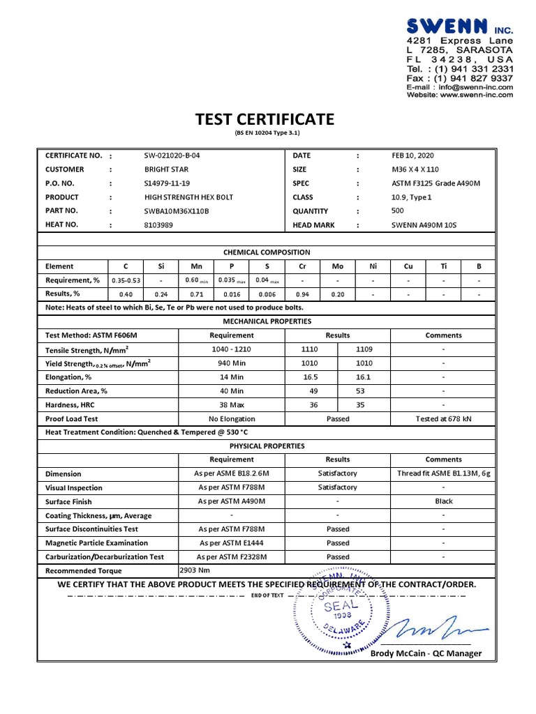 Iso 10474 3.1b Certificate