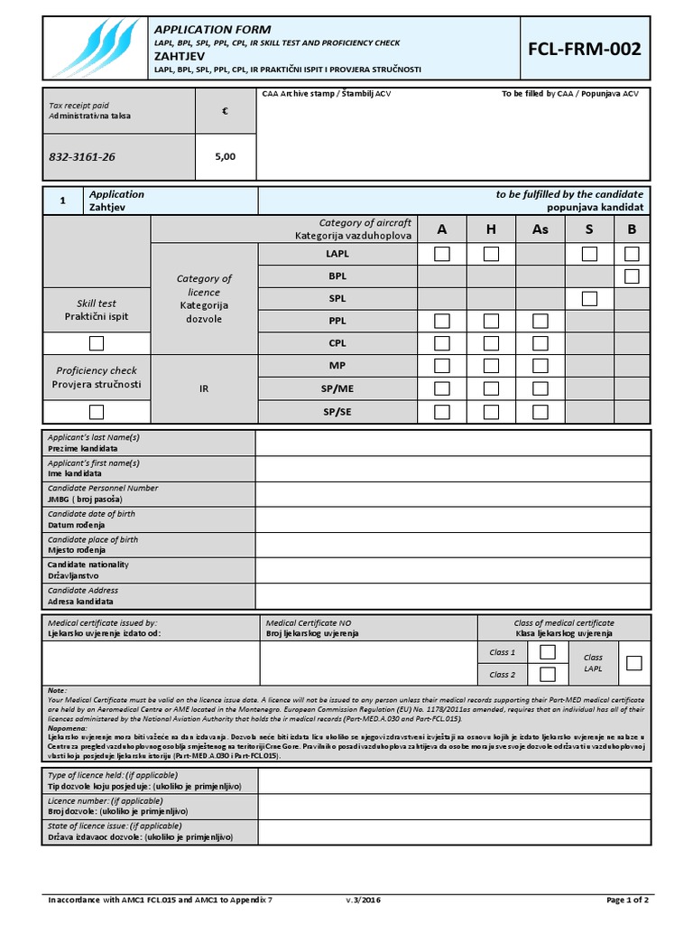 Fcl-frm-002 - Application Form - Lapl BPL SPL PPL CPL Ir Skill Test and ...