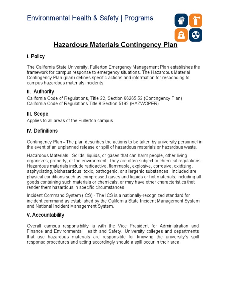 Hazardous Materials Contingency Plan PDF Dangerous Goods Incident