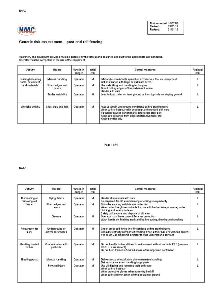 Generic Risk Assessment Post and Rail Fencing PDF Personal