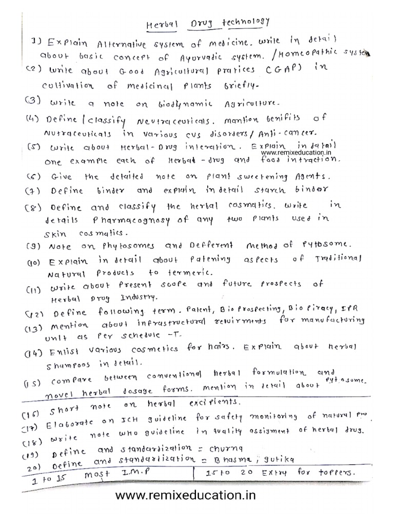 Herbal Drug Technology IMP Questions PDF