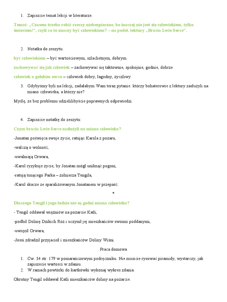 Bracia Lwie Serce Test Ze Znajomości Lektury Z Odpowiedziami Bracia Lwie S. 5 | PDF