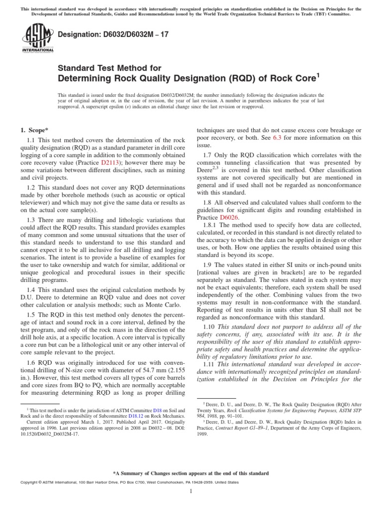 Determining Rock Quality Designation (RQD) of Rock Core: Standard Test ...