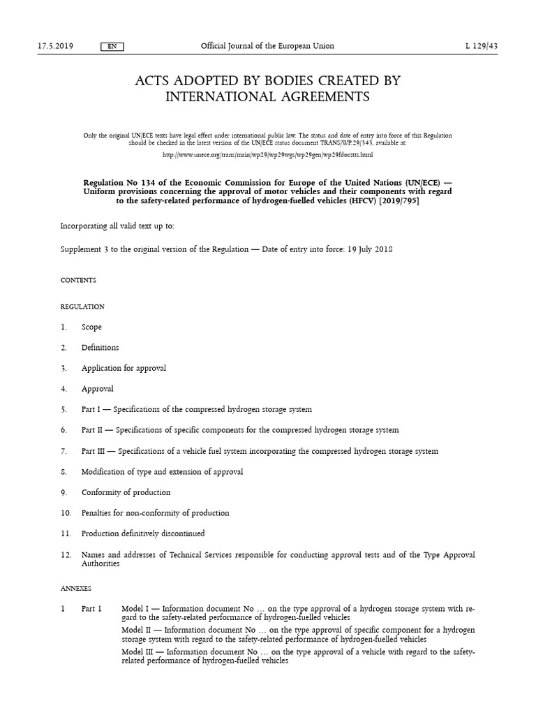 Hydrogen Vehicle Safety Regulation 134 | PDF | Valve | Vehicles