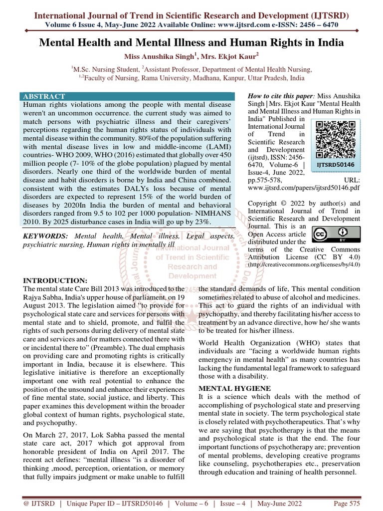 Mental Health and Mental Illness and Human Rights in India | Download ...