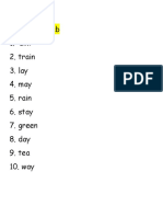 Date:: Spelling Test 25 Feb 1. Aim 2. Train 3. Lay 4. May 5. Rain 6. Stay 7. Green 8. Day 9. Tea 10. Way