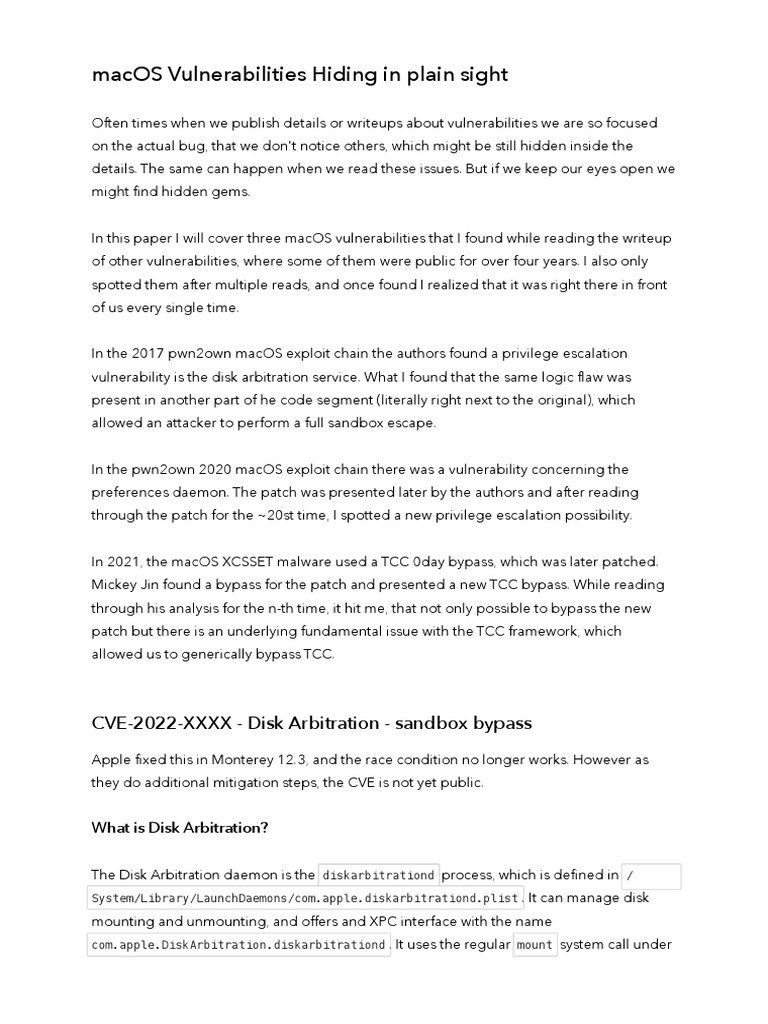 macOS Disk Arbitration Vulnerabilities | PDF | Mac Os | Superuser