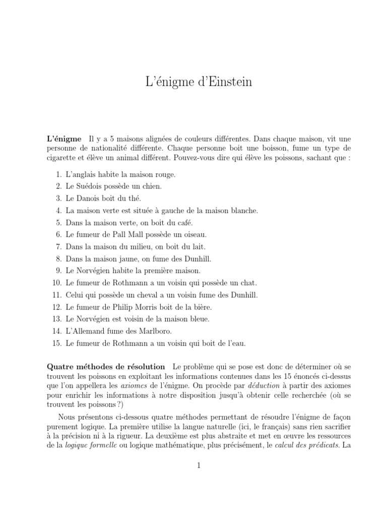 Résolution de l'énigme d'Einstein PDF Logique mathématique — free download