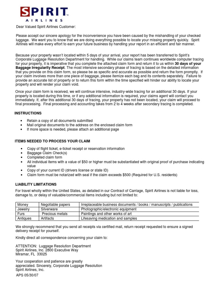 Spirit Airlines Claim Letter PDF Baggage Cheque