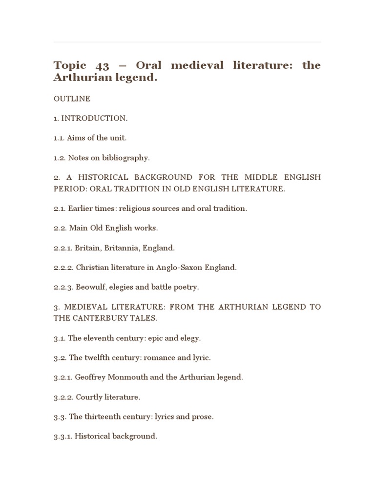 Topic 43 - Oral Medieval Literature - The Arthurian Legend | PDF | King ...