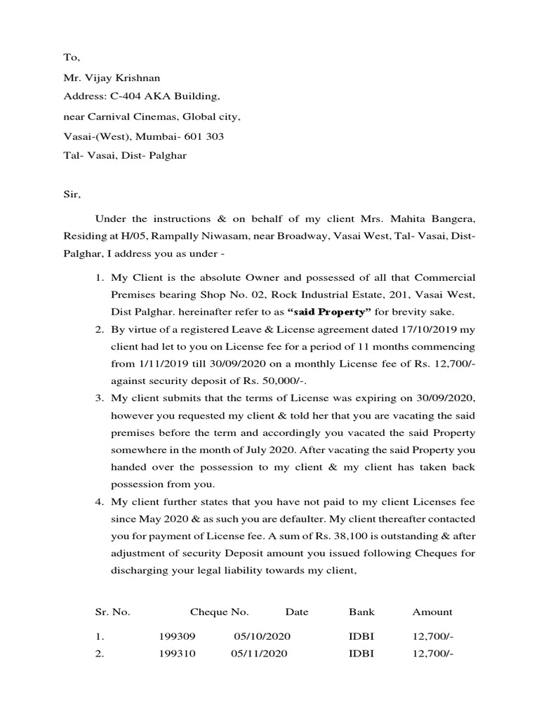 CLE Internals - Legal Notice Under 138 of NI Act - Suchita Rampally ...