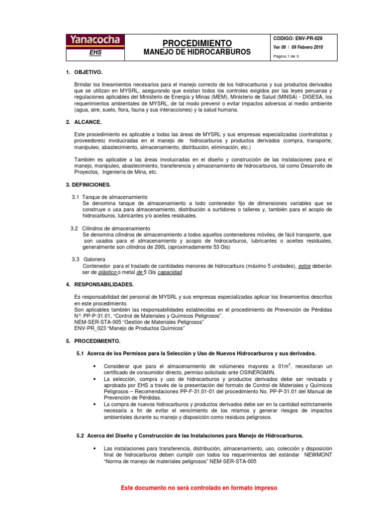 Procedimiento para Manejo de Hidrocarburos | PDF | Hidrocarburos ...