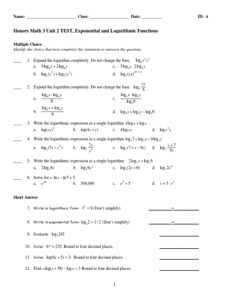 Honors Math 3 Unit 2 TEST, Exponential and Logarithmic Functions | PDF ...