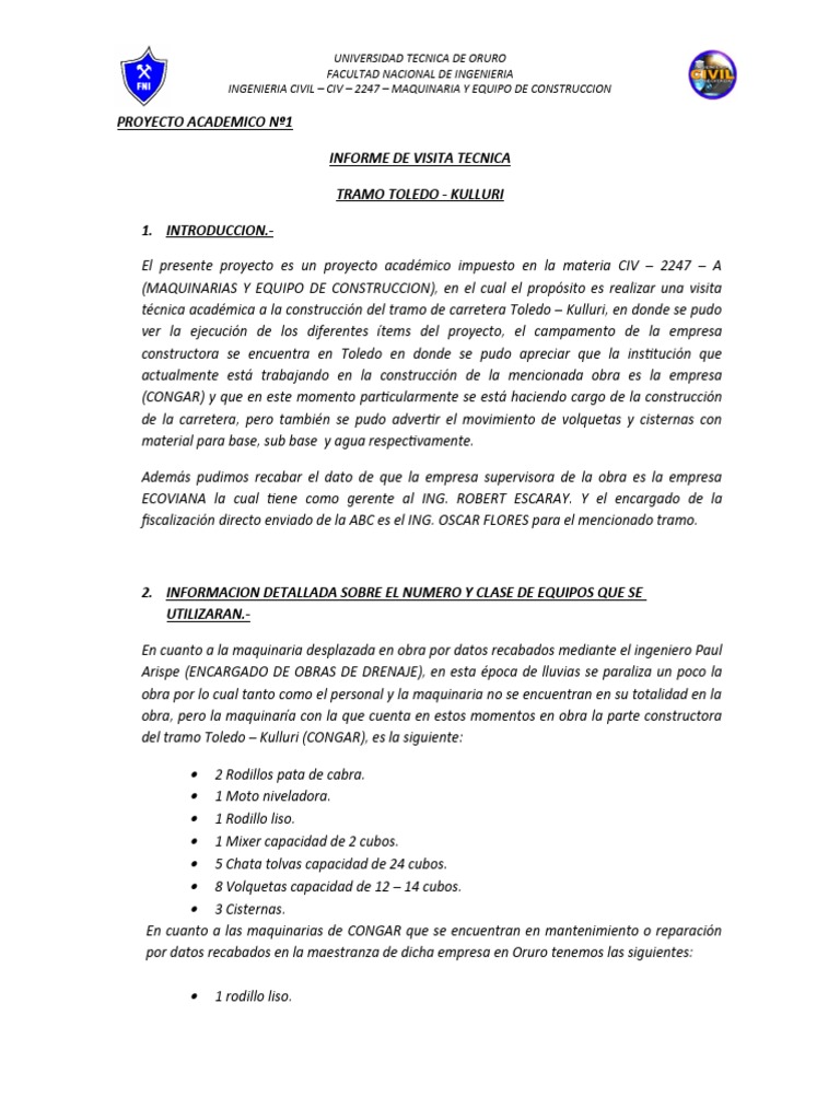 INFORME DE VISITA Toledo Kulluri PDF Ingeniería Ingeniero civil