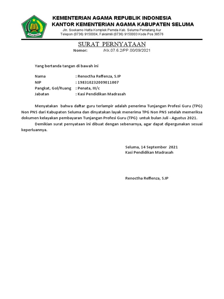 Surat pernyataan tpg non pns pdf