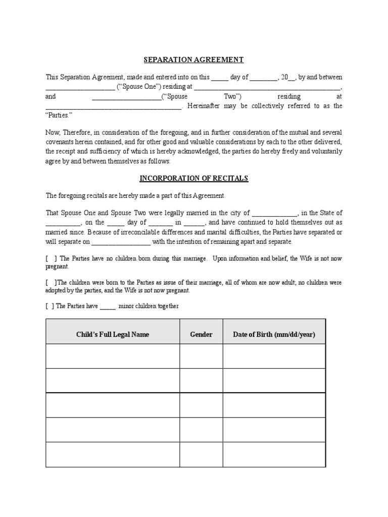 Separation Agreement Document | PDF | Alimony | Divorce