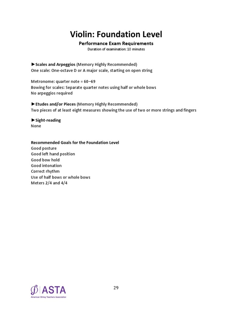 ASTACAP Violin Exam Levels Overview | PDF | Scale (Music) | Violin