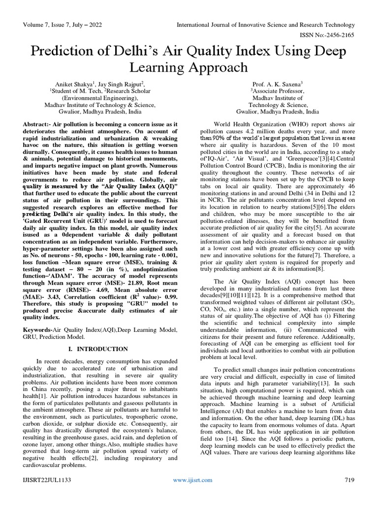Prediction Of Delhi S Air Quality Index Using Deep Learning Approach