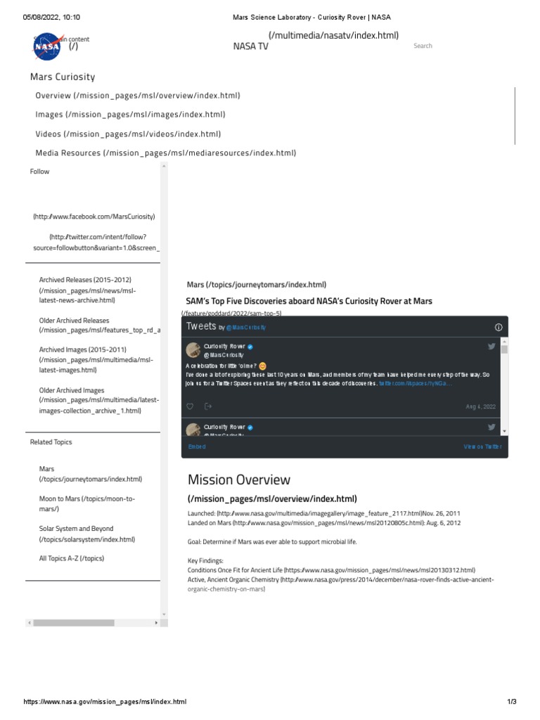 Mars Science Laboratory - Curiosity Rover - NASA | PDF | Curiosity ...