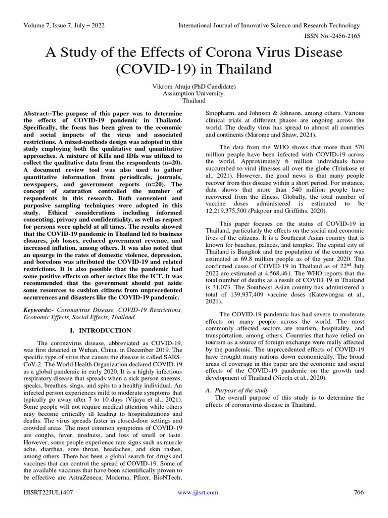 A Study of The Effects of Corona Virus Disease (COVID-19) in Thailand ...